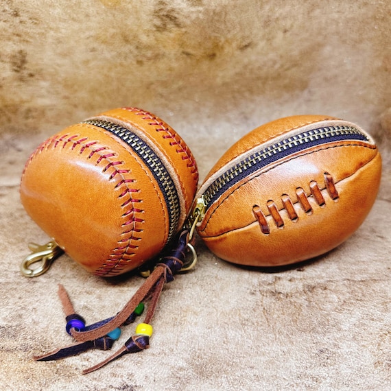 Handmade Genuine Leather Baseball Football Coin Purse: Sports baseball fan bag charm gift idea birthday holiday