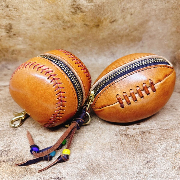 Handmade Genuine Leather Pouch Coin Purse Baseball Football Shape for Father Boyfriend Husband Son Friend gift idea birthday holiday