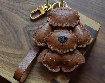 Handmade Genuine Leather Poodle Keychain: Puppy Dog Bag Charm pet lover holiday birthday gift idea