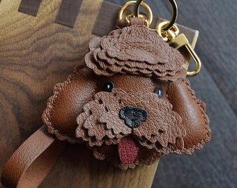 Handmade Genuine Leather Poodle Teddy Dog Keychain Bag Charms Accessary Pet Lover Holiday Birthday Gift idea