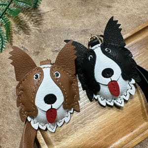 Handmade Genuine Leather Border Collie keychains bag charms accessary birthday holiday family pet puppy gift idea