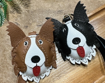 Handmade Genuine Leather Border Collie keychains bag charms accessary birthday holiday family pet puppy gift idea