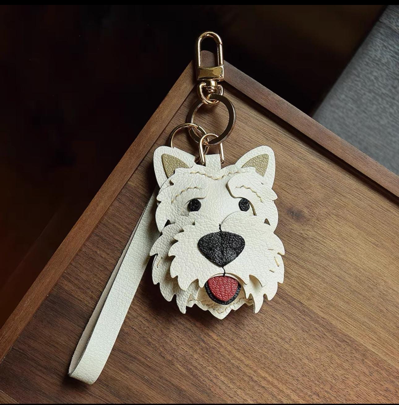 Handmade Genuine Leather West highland White Terrier puppy dog keychain bag charms gift idea friend family pet accessary