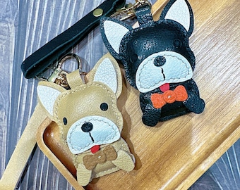 handmade French bulldog puppy dog  leather  keychain bag charm accessary birthday gift anniversary valentine mothers day christmas