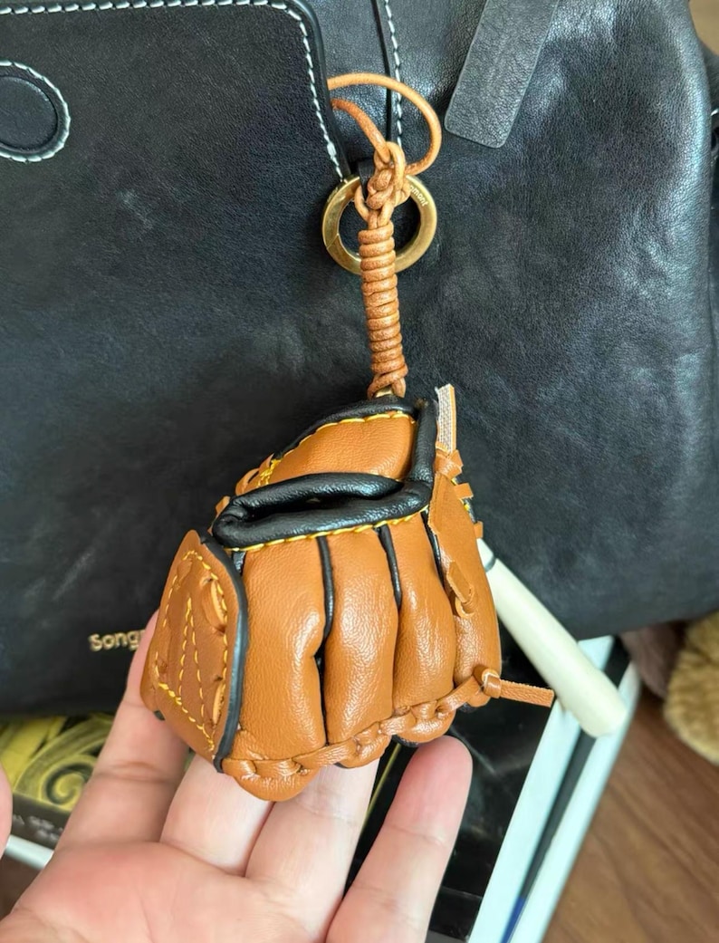 Handmade Genuine Leather Baseball Glove Bat Key Chain Bag Charms Car
