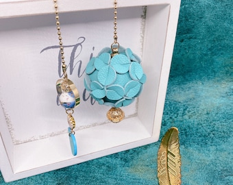 Handmade Leather Hydrangea Car Mirror Pendant with Lucky Cat