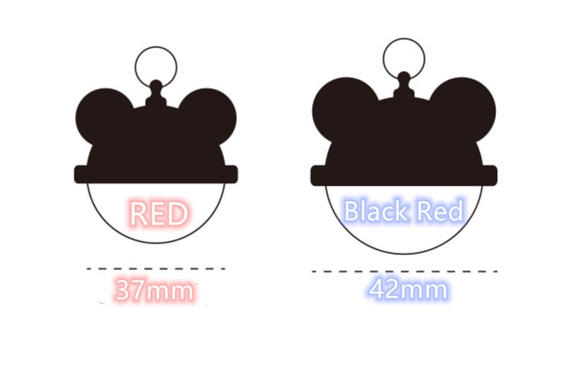 May include: Two black and white mouse-shaped keychains with red and blue text. The keychain on the left is 37mm and says "RED". The keychain on the right is 42mm and says "Black Red".