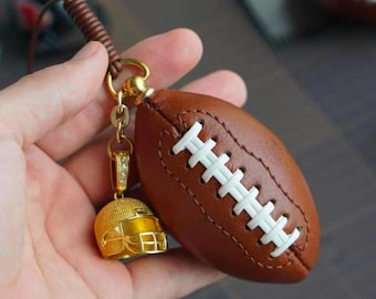 Handmade Genuine Leather Football Keychain: Car Mirror Charm, bag charm Gift for football Fan birthday holiday