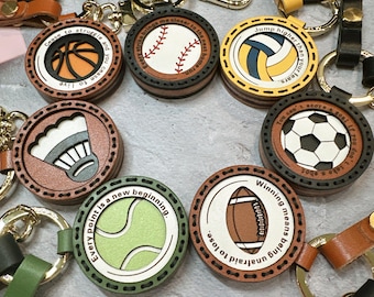 Genuine Leather handmade sports fan keychain bag charms football baseball soccer basketball tennis volleyball badminton birthday gift idea