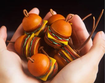 Genuine Leather Handmade hamburger keychain bagcharms- mini Cute Cheeseburger - hamburger  Car Hanging Ornaments Good Luck Party Favors Gift