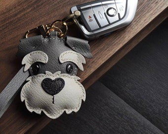 Handmade leather key chain Schnauzer dog puppy bag charms accessary birthday anniversary holiday gift friend family Unique gift