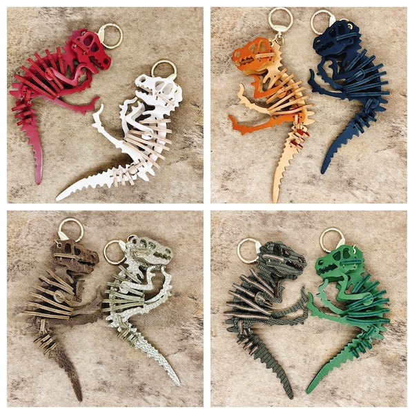 Handmade Genuine Leather T-Rex skeleton  Keychain Dinosaur Bag Charm birthday holiday gift idea
