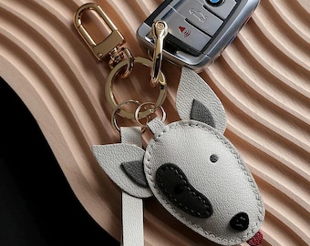 Handmade Genuine Leather Bull Terrier Keychain Dog Puppy Bag Charm pet lover gift idea