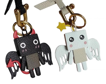 Unique crafted Genuine Leather Angel and Devil keychain bag charms handmade thoughtful gift for any occasion friends couple family