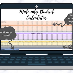 May include: A laptop screen displaying a spreadsheet titled "Maternity Budget Calculator". The spreadsheet has columns for income and expenses, and rows for each month of the year. The text "Enter all income and expenses" is in a speech bubble above the spreadsheet, and the text "Maternity deficit will be calculated" is in a speech bubble below the spreadsheet.
