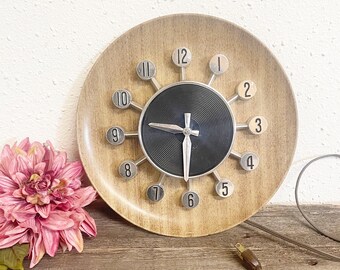 Vintage Spartua Clock, Modernist Chrome and Wood MCM Clock,  Electeic Wall Clock; Herold Products Co. Made in the USA