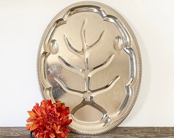 Vintage Silver Plate Tray, Tree of life Oval 19", Rope Detailed Sides and Etched surface, beautiful patina