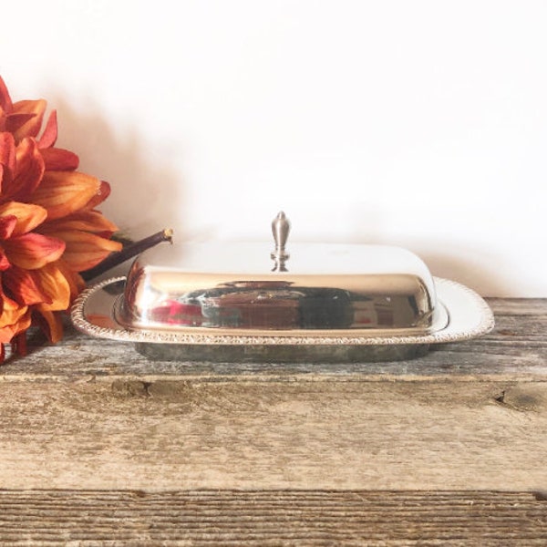 Vintage Silver Butter Dish, Mid Century Modern with knob circa 1970s ; Vintage Butter Dish