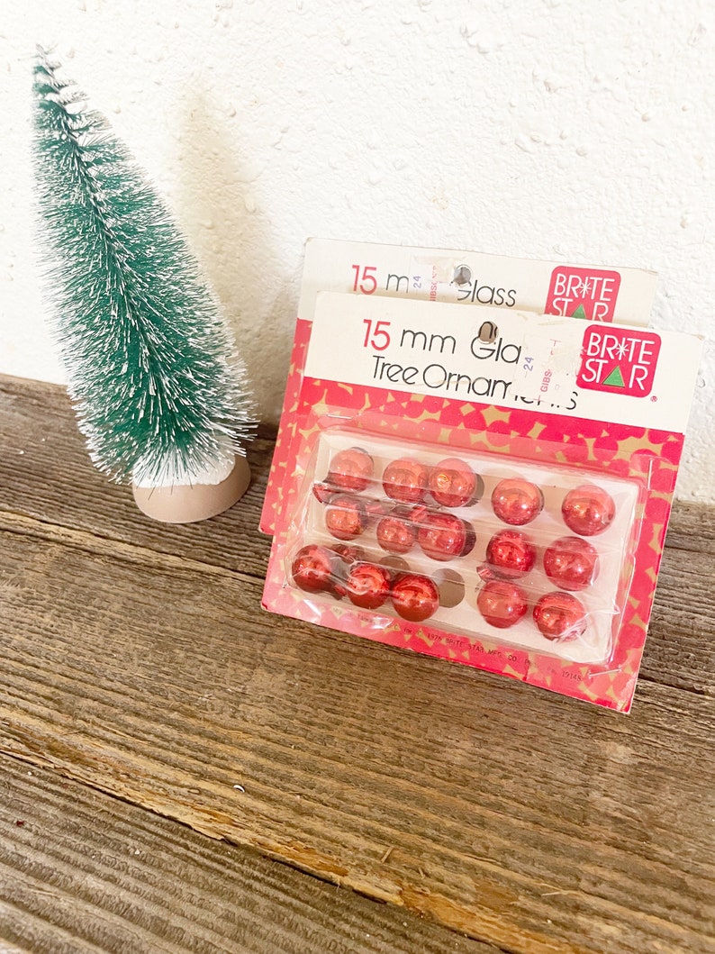 Vintage Mini Red Glass Christmas Ornaments, 15 in Box, Hand-painted, circa 1970s Brite Star 15 mm image 9