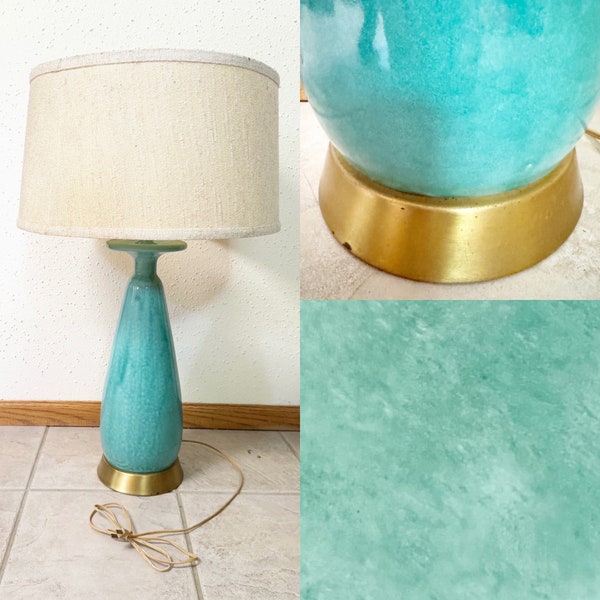 Mid Century Italian Turquoise and Gold Base Lamp - Large Working -  31” Ceramic Glaze - 1960s Vintage  decor