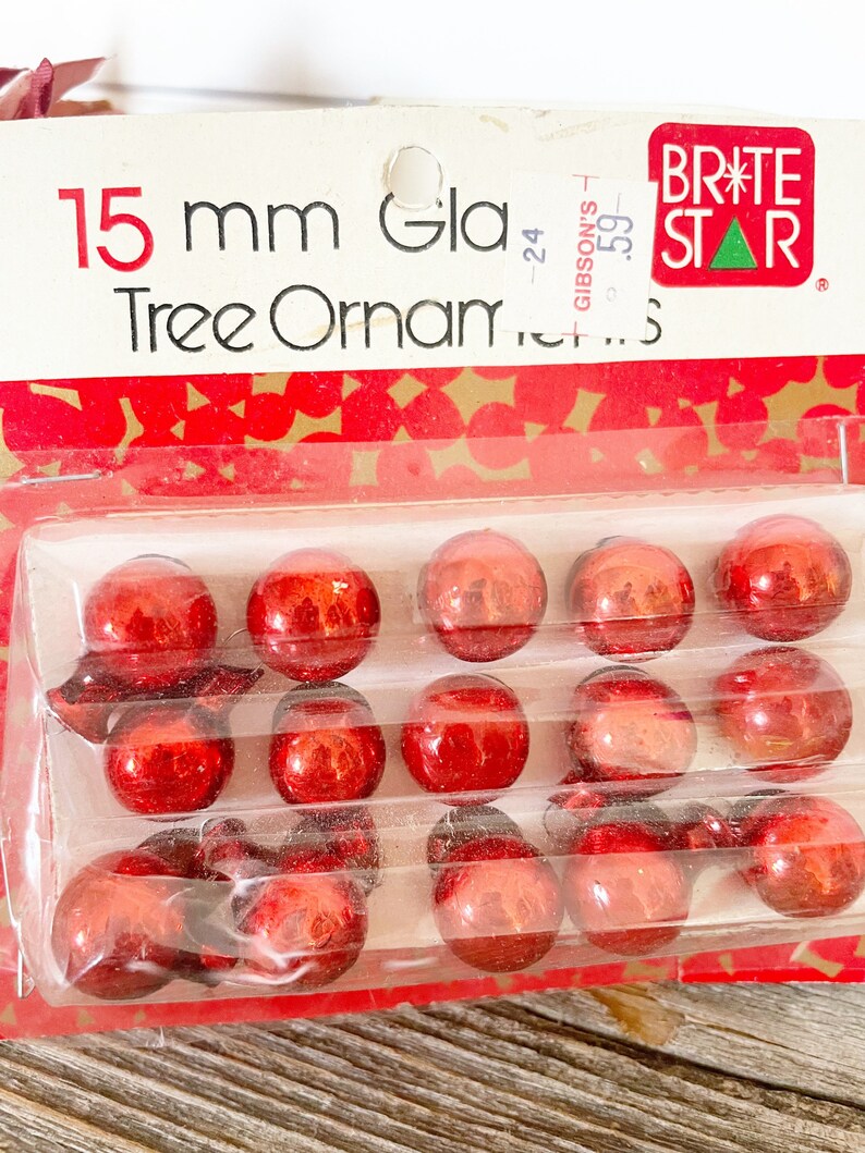 Vintage Mini Red Glass Christmas Ornaments, 15 in Box, Hand-painted, circa 1970s Brite Star 15 mm image 4