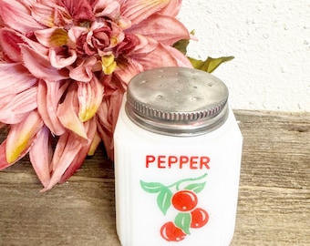 Vintage TIPP city Cherries Milk Glass Spice Shakers / Range Shaker PEPPER Jar  ; Milkglass and Original Top - 1950’s Retro Kitchen