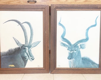 Vintage Marjorie Brice Antelope Pair Wooden Pictures with Frames Trim, wall mount, Solid Wood 29” x 23” Signed