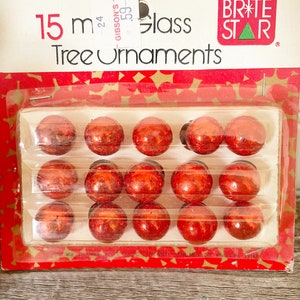 Vintage Mini Red Glass Christmas Ornaments, 15 in Box, Hand-painted, circa 1970s Brite Star 15 mm image 3