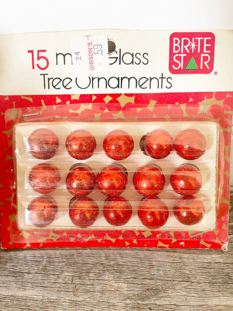 Vintage Mini Red Glass Christmas Ornaments, 15 in Box, Hand-painted, circa 1970s Brite Star 15 mm image 3