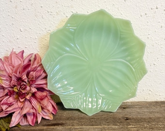 Vintage Jadeite Fire King 8” Lotus Plate, green glass, 1960s Jadeite Vintage Glass