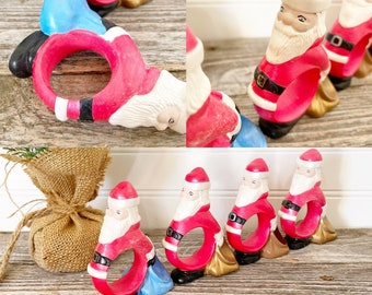 Vintage Santa Wooden Napkin Rings - Painted Wood EUC - Set of 4 Ceramic