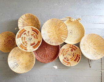 Vintage Rattan Wicker and Coil Baskets; Set of 9 Wall Gallery Decor, Wall Baskets ; Boho Decor