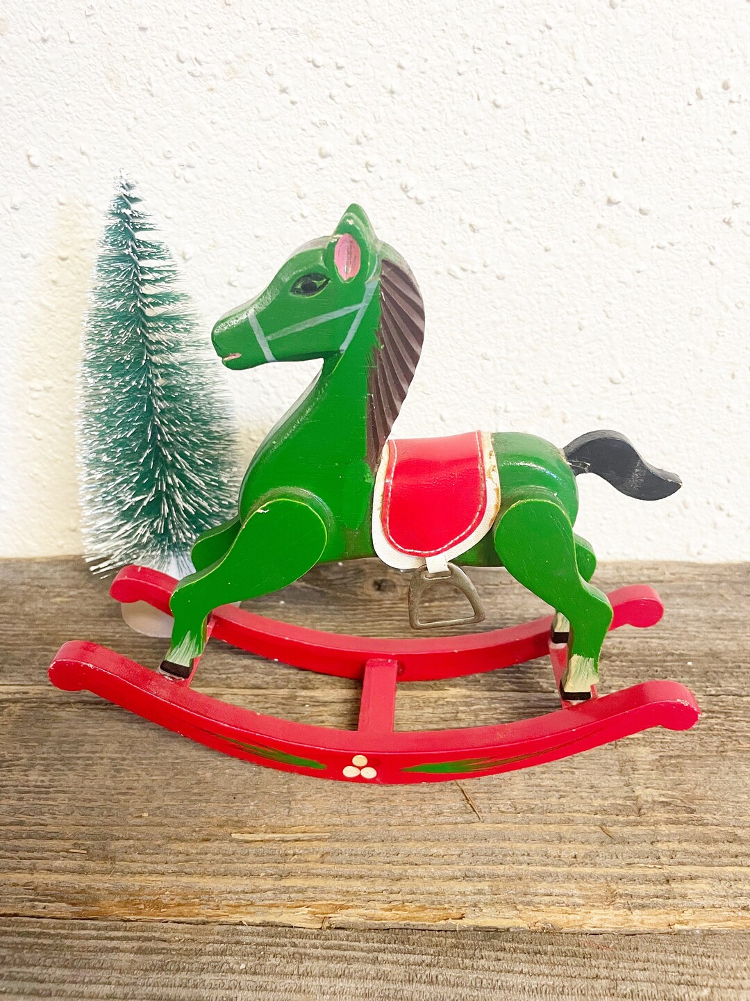 Vintage Antique Wood Rocking Horse, Vintage Red and Green Rocking Horse, Rocking Horse, Vintage