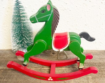 Vintage Antique Wood Rocking Horse, Vintage Red and Green Rocking Horse, Rocking Horse, Vintage Wooden Chrismtas ; Leather Saddle