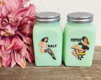 Jadeite Glass Depression Style Retro Diner Design Salt and Pepper Shaker Set ; Pin Up Girls