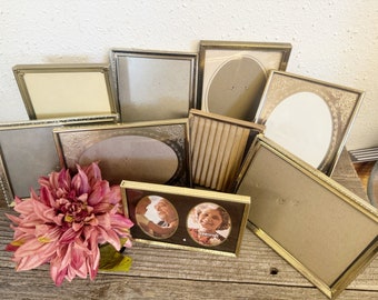 Vintage Brass Frames, Assorted set of 9 Gold Picture Frames, circa 1970’s Wall Picture Gallery 5” x 7”