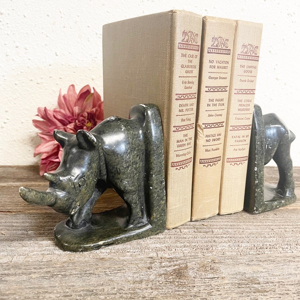 Vintage Rhino Statues circa 1970s, Set of 2 Animal Bookends Art Deco Mid Century