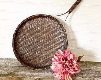 Vintage Round Wicker Handled Rattan Basket ; Bamboo Ottoman Tray