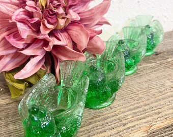 Vintage DEGENHART Art Glass Open Salt Cellar - Bird & Berry - Set of 4 Green Glass Vintage Green Glass Table Top Accessories
