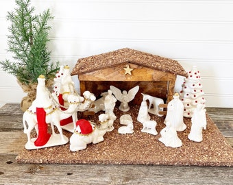 Vintage Large Light up Ceramic Nativity Set with Manger. Christmas Nativity, Jesus, Mary, Sheep Set of 16 Christmas Decor; Magic Epiphany