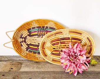 Vintage Rattan Wicker and Coil Baskets; Set of 2 Tribal Butterfly Baskets, Oval Trays ; Boho Decor