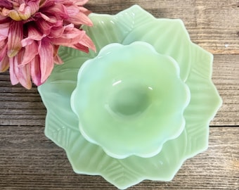 Vintage Jadeite Lotus Bowl & Plate, Fire King Lotus Blossom Set, green glass, 1950s Dinnerware