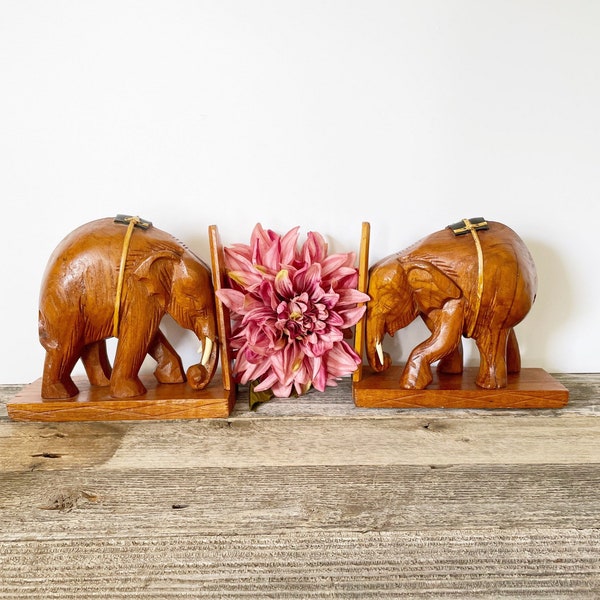 Vintage Elephant Wooden Statues circa 1970s, Set of 2 Animal Bookends Art Deco Mid Century