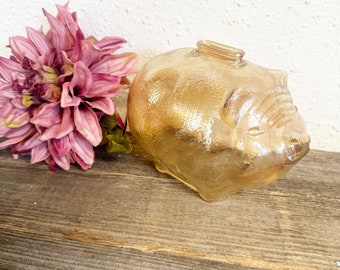 Vintage Anchor Hocking Pig Piggy Bank ; Gold Marigold Glass 1970s hand;Decorative Trinkets Piglet