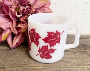 Vintage Hazel Atlas Red Maple Leaf Petite Milk Glass Drinking Cup ; Milk / Juice Kids Cup Collectible 1950 -1965 Milkglass