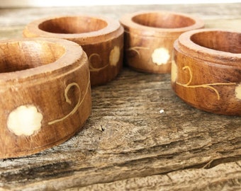 Mid Century Modern Danish Teak Wooden Napkin Rings Set of 4 - Handmade Vintage Wood Dining table decor