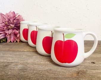Vintage Mid Century Ceramic Mugs with Apple front - Coffee Mug ; Set of 4 ; Bright Red Apple Pattern ; Retro Kitchenware