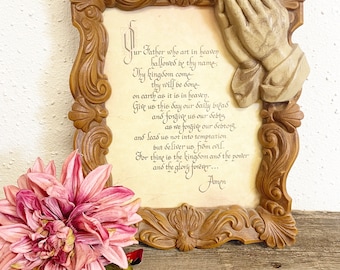 Vintage “The Lord’s Prayer” in Wood Resin Frame w/Praying Hands 10” x 13" Picture Frame Wood Gold Trim trim,wall mount