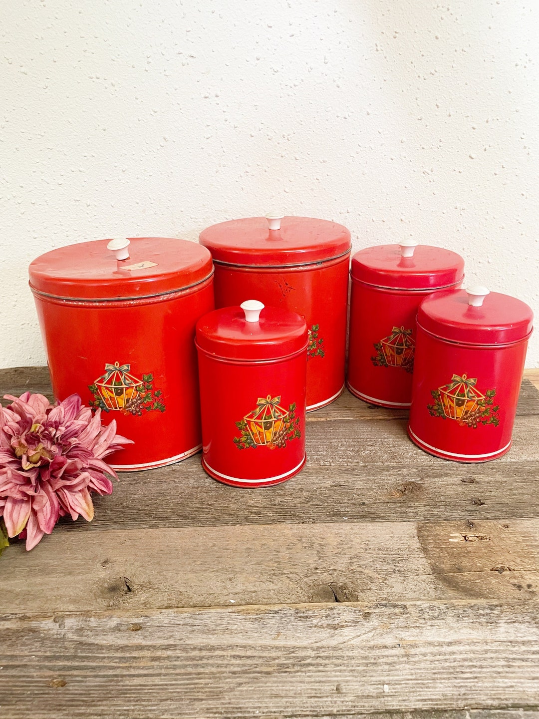 Vintage Tin Floral & Red Top Canister Set Full Lidded Set Etsy