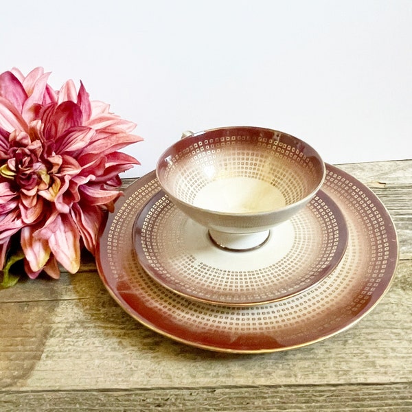 Vintage German Teacup, Burgundy and Gold Bareuther Waldsassen Bavaria Bone China Teacup Saucer and Serving plate